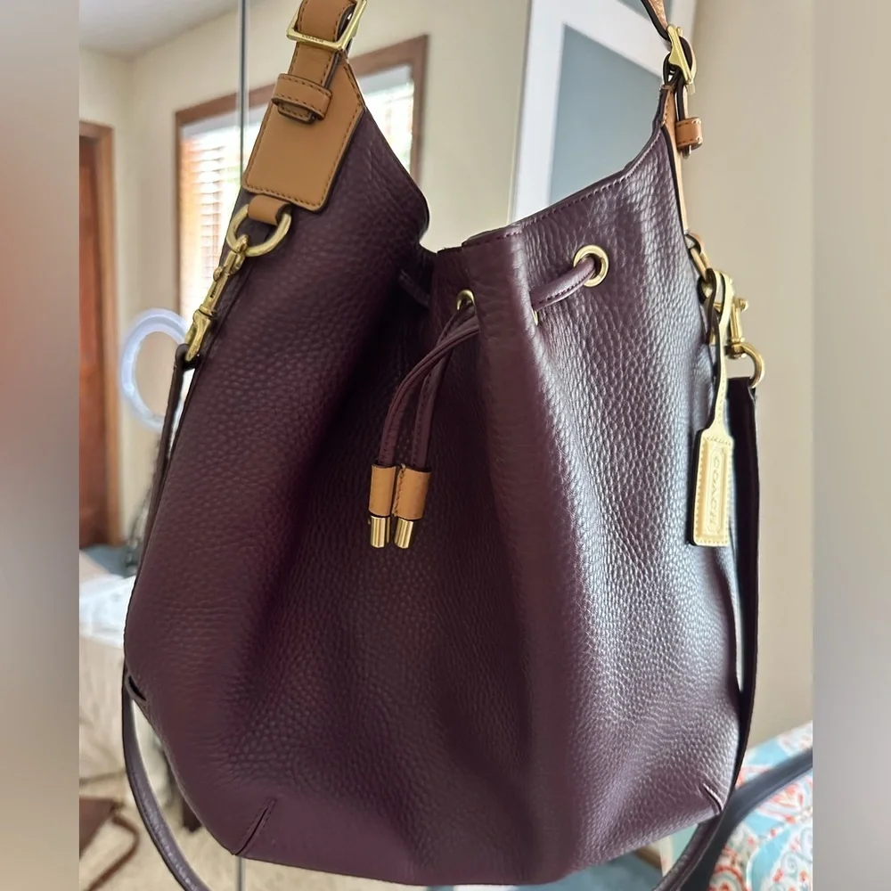 COACH EGGPLANT DRAWSTRING PEBBLED LEATHER BUCKET HOBO BAG